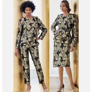Ashro Larhonda 3 Pc Peplum Jacket Skirt Pants Gold Black 14
